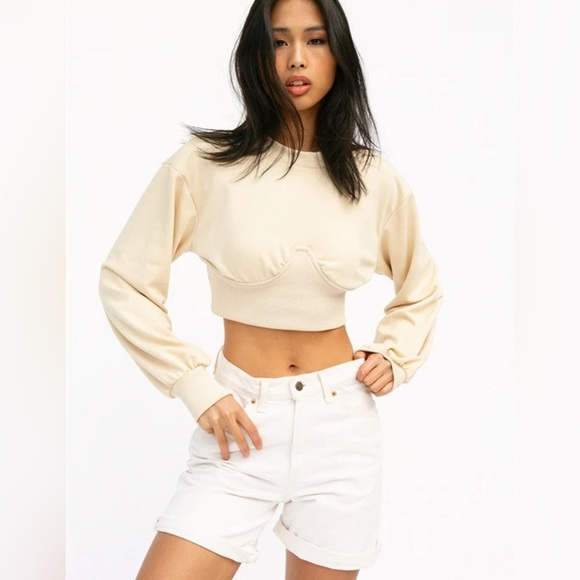 Sabo Womens Cropped Ribbed Crewneck Top Neutral Beige Cotton Blend Moto Style M - Picture 2 of 12